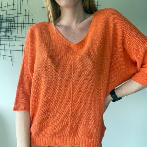 Oranje glittertruitje met halflange mouwen